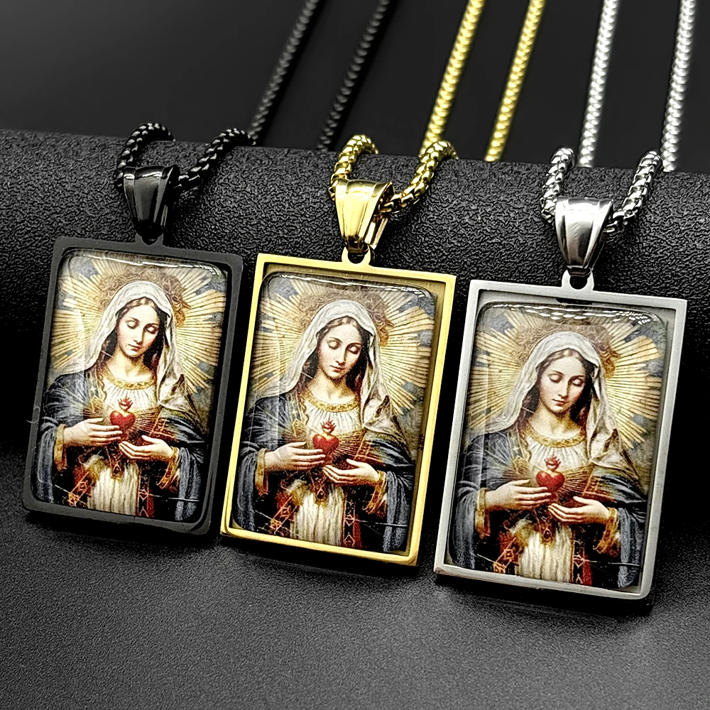 Sacred Heart Virgin Mary Glass Medal Square Pendant Necklace for Women Men Stainless Steel Gold Color Catholic Amulet Jewelry