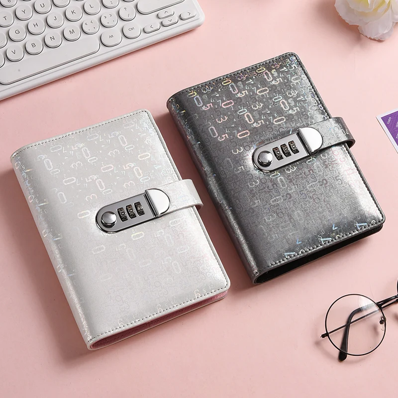 New A6 Laser Coded lock PU Clip-on Notebook Leather Loose Leaf Notebook Cover Notebooks Journal Kawaii Stationery