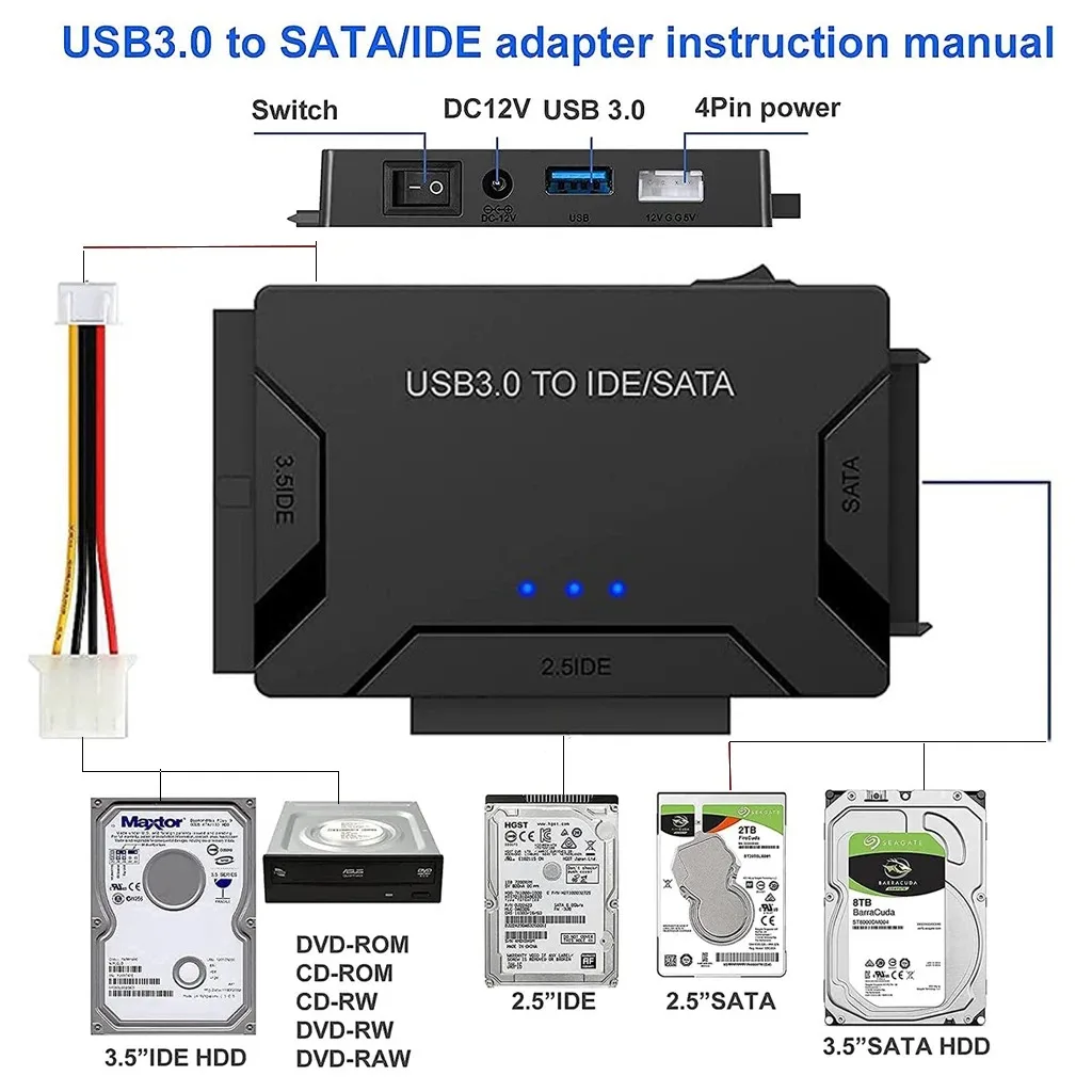 USB 3.0 to SATA IDE Hard Disk Adapter Converter Cable for 3.5 2.5 inch HDD/SSD CD DVD ROM CD-RW 3 in 1USB IDE SATA Adapter