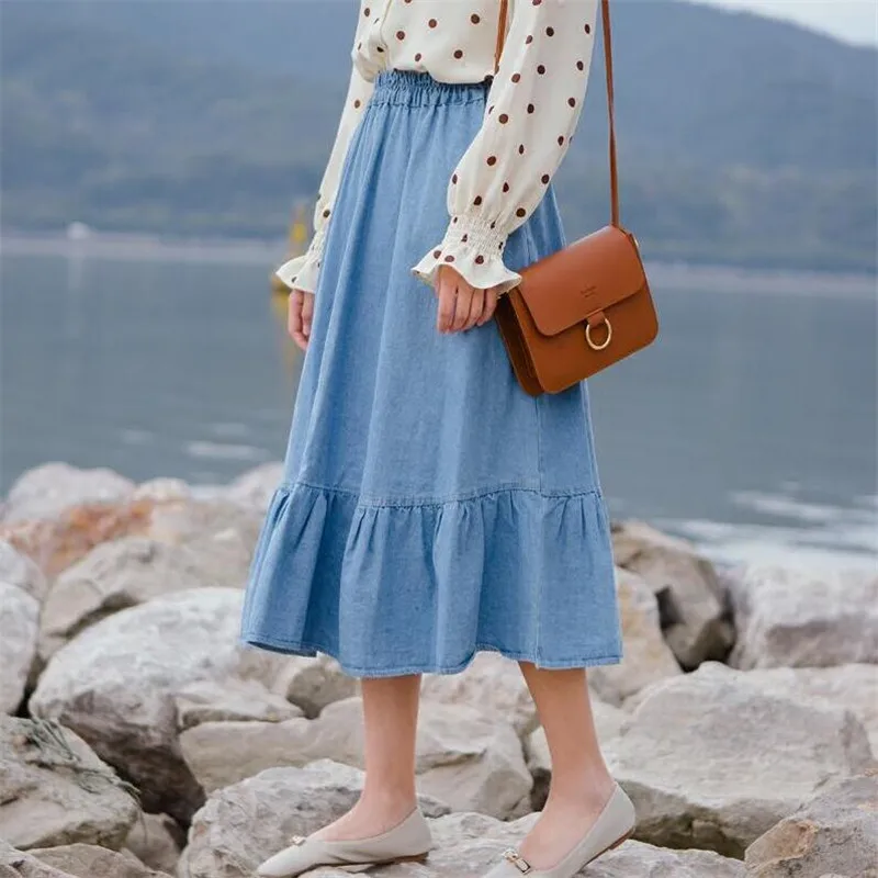 

2025 Women Denims Long Skirts Elastic Waist Pleated Maxi Skirts Students Beach Vintage Summer Sweet Ruffles Skirt jeans