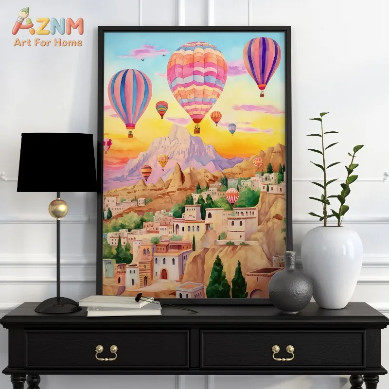 AZNM Colorful Europe Travel Canvas Print Hot Air Balloon Coastal Town Floral Street Mountain Landscape Vintage Travel Wall Poste view 3