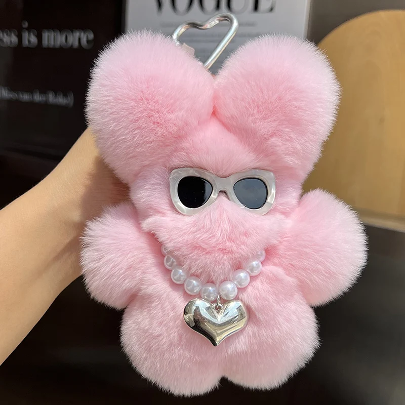 Óculos de sol de pele de coelho lontra real boneca fofa pequeno coelho chaveiro de carro pingente mochila decoração de pelúcia coelho