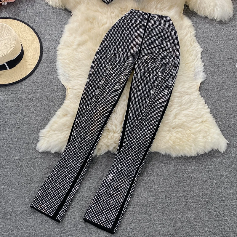 Conjunto de duas peças com top curto sexy e calça skinny elástica de cintura alta com franjas para mulheres, roupa de verão d...