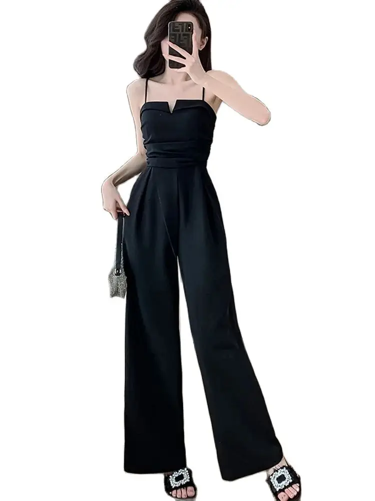 2024 Summer For Women Fashion Design Sexy Black Sling Jumpsuits Ladies Elegant Office OL High Waist Wide Leg Rompers