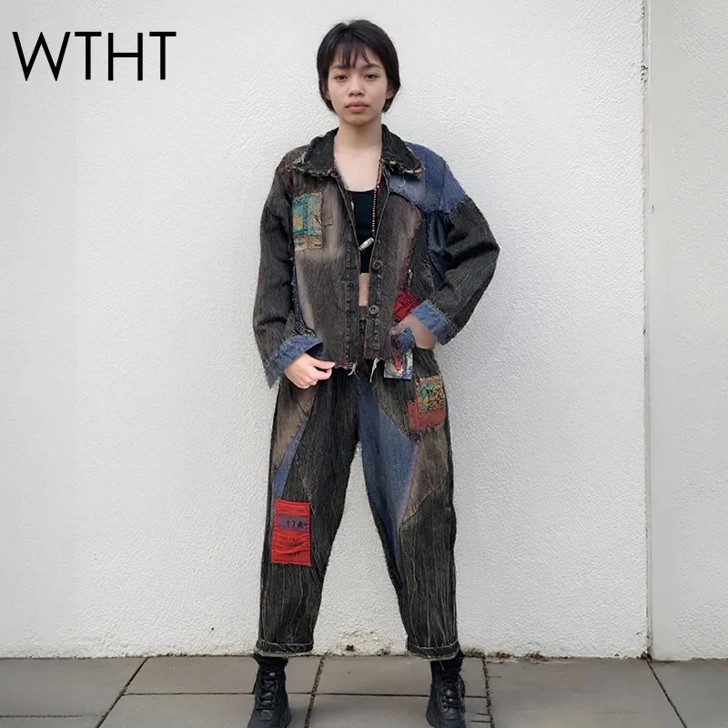 

WTHT винтажная модная женская лоскутная свободная джинсовая куртка с высокой талией, свободные джинсы-шаровары, женские осень 2021, 1LS2259