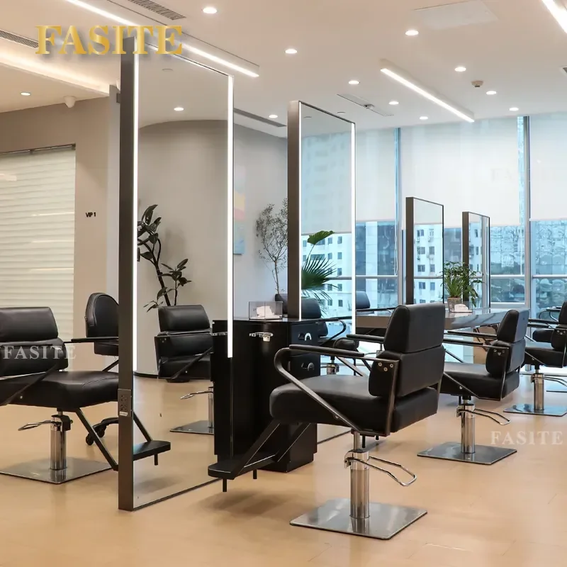 For Hair Barber Shop Floor to Ceiling Stainless Steel Mirror with Lamp Perm Dye Station Beauty Furniture