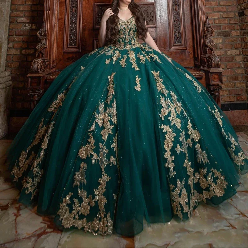 Angelsbridep-Vestido de Baile Mexicano, Vestidos Quinceanera, Apliques Dourados Artesanais, Verde Esmeralda, Vestido de Festa