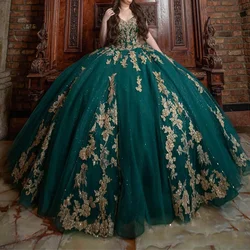 Angelsbridep Mexican Emerald Green Ball Gown Quinceanera Dresses Gold Handmade Appliques Ballkleider Birthday Party Dress