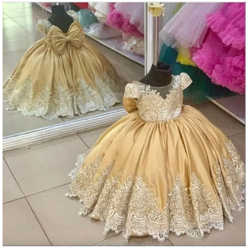 Vestido de niña de flores dorado para boda, vestido de desfile de flores, apliques de encaje, Vestidos de Noche de comunión con lazo, fiesta de cumpleaños