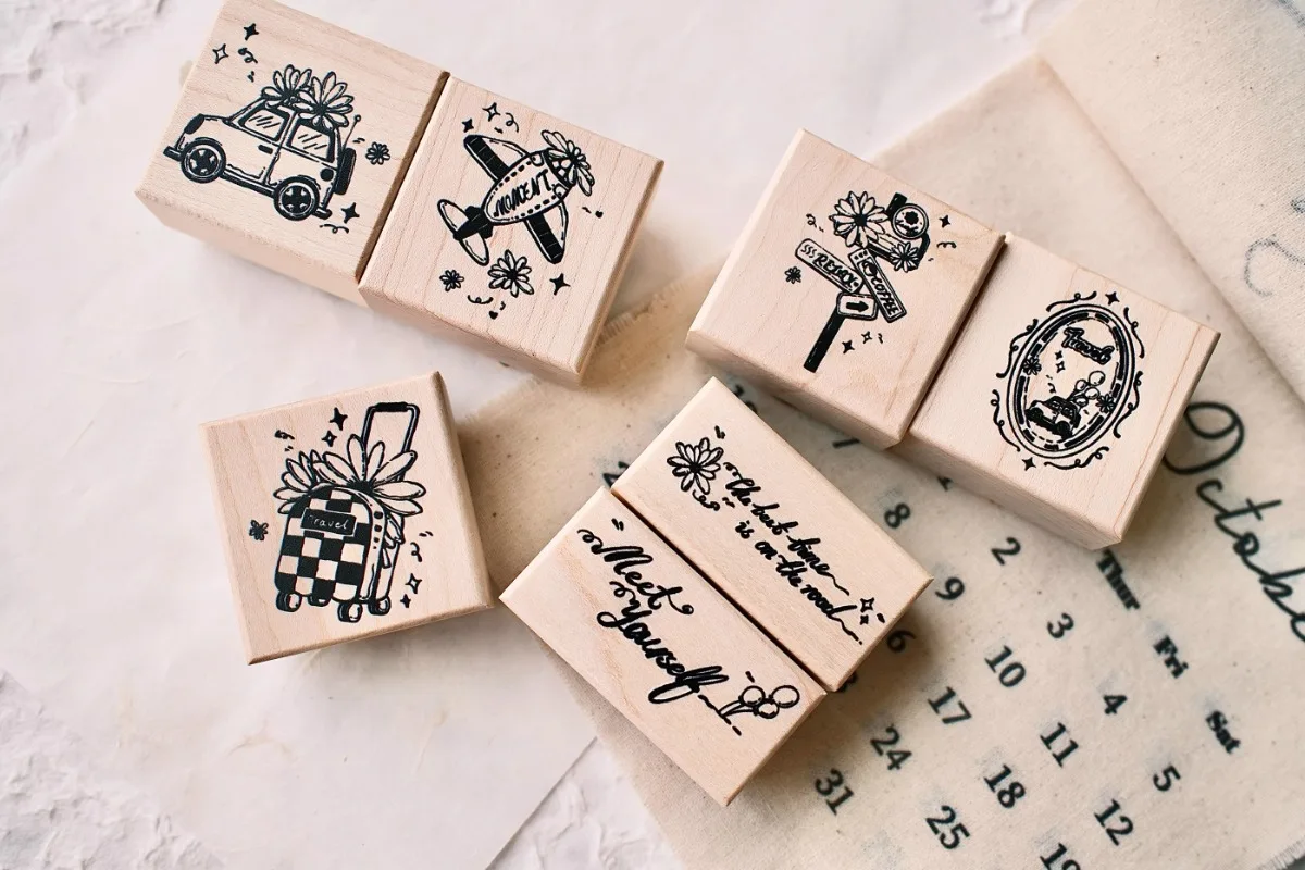 Happy Travel Plane Daisy English Words Wooden Rubber Stamp DIY Scrapbooking Photo Album Card Making Wood Seal