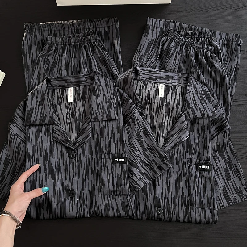 Spring Autumn Minimalist Dark Gray Striped Homewear Women's Pajamas Casual Turn-Down Collar Short-Sleeved 2 Piece Pajamas Set