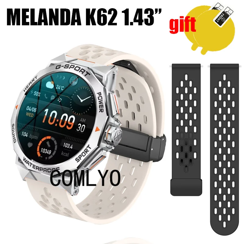 For MELANDA K62 1.43” Smart Watch Strap Wristband Silicone Sports Folding buckle Soft Women Men Band Screen protector Film