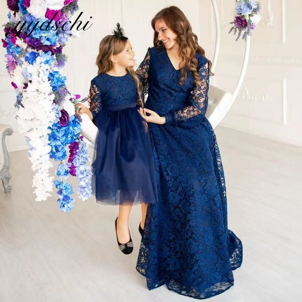

Элегантное платье для выпускного вечера из тюля с длинными рукавами и длинными рукавами, темно-синее платье для мамы и дочки по индивидуальному заказу, вечернее платье с цветочным узором для девочек