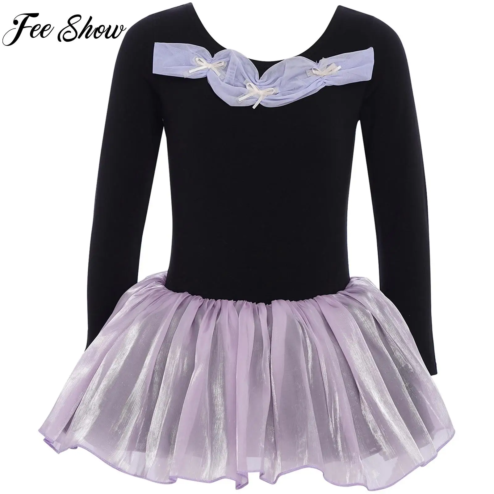 

Kids Girls Cute Bowknots Ruched Ballet Dresses Tights Gymnastics Dance Costume Long Sleeve Tulle Tutu Dance Performance Dress