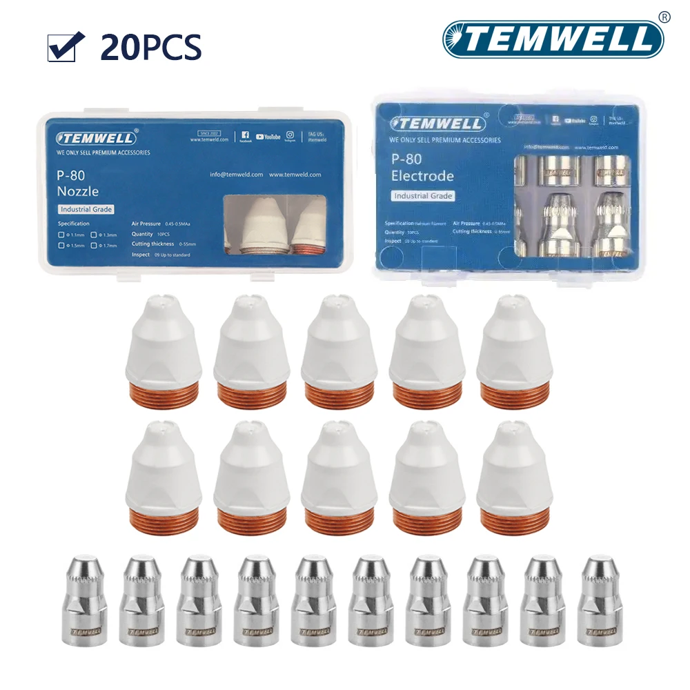 TEMWELL-Buse de protection revêtue P80, torche de découpe plasma à électrode, pointe de soudage CNC, 1.1mm, 1.3mm, 1.5mm, 1.7mm, 60A, 80A, 100A, 20 pièces