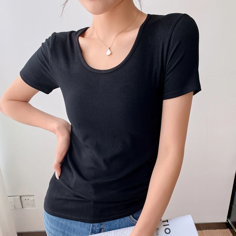 Sexy T Shirt For Women Summer Skinny Tee Shirt Femme Solid Short Sleeve Top Korean Style Slim Screw Thread Tshirt Woman Clothes