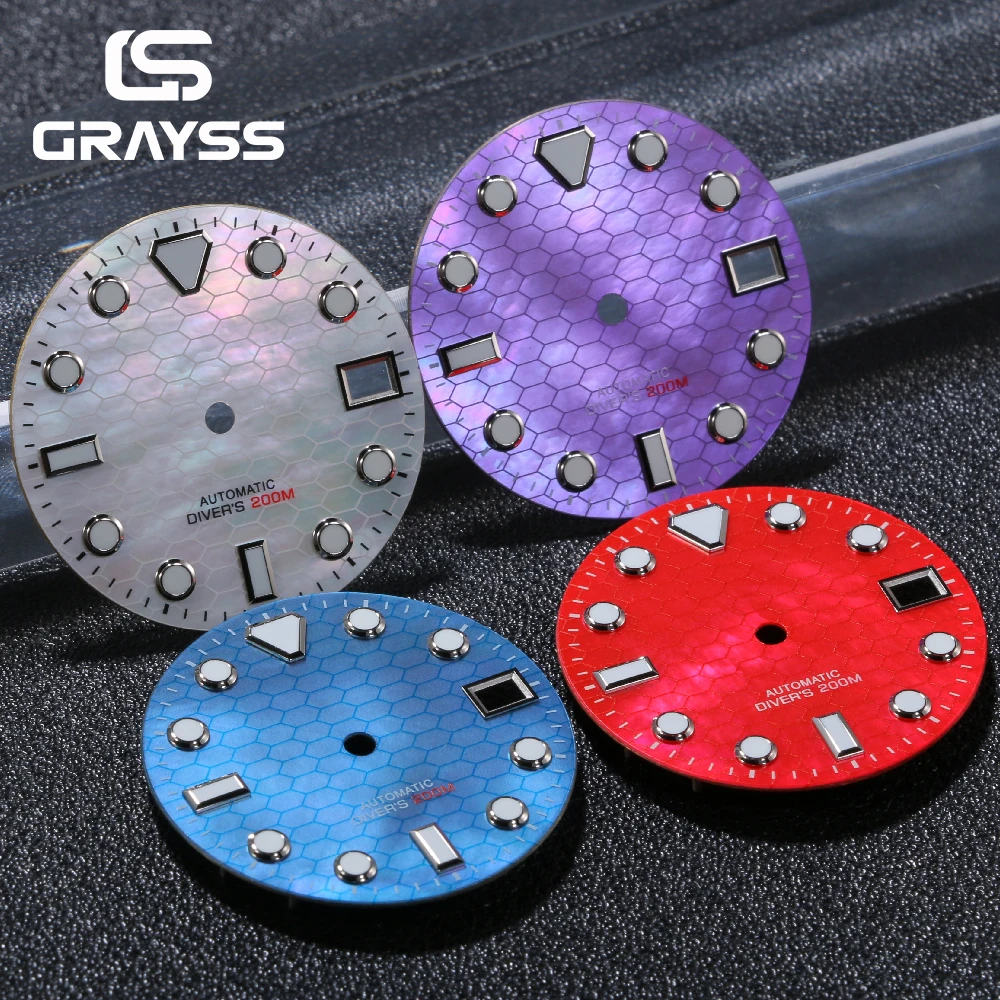 28.5mm SKX Mod Splicing Pattern MOP Mother of Pearl Red/White/Purple Watch Dial Luminous Fit NH35 NH36 Diving Men Watches Parts