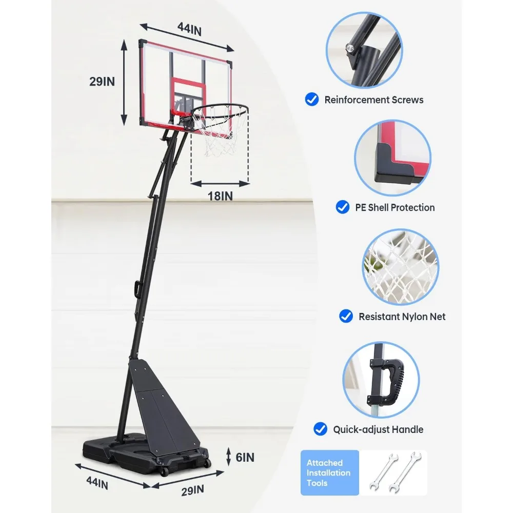 Adjustable Outdoor Basketball Hoop 4.8-10 Feet, 44 Shatterproof Backboard, Portable Basketball System with Rebound Plate