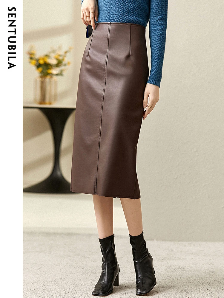 SENTUBILA Pu Leather Straight Skirts for Women 2024 Spring Autumn Slit Midi Lady Zipper Maillard Skirt Woman Clothing 123Q44003