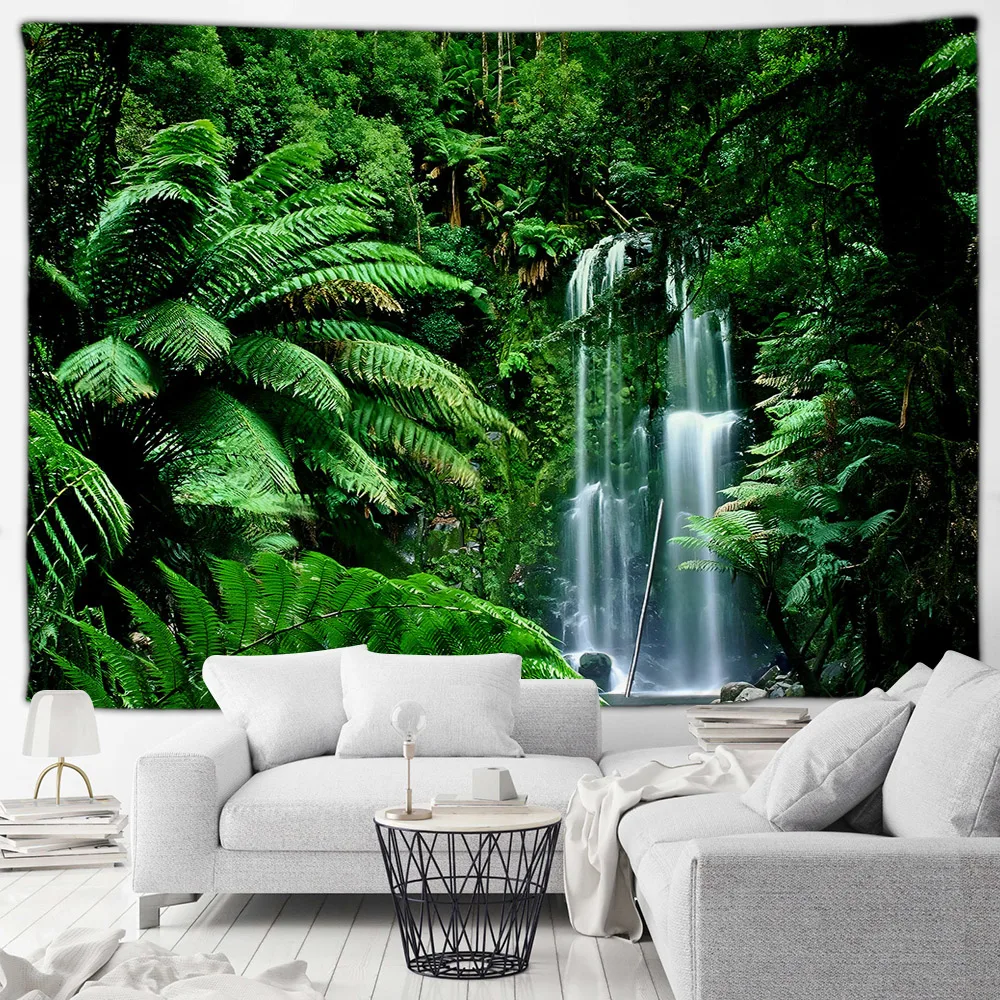 Tropical Jungle Waterfall Tapestry Forest Green Plants Trees Natural Rainforest Landscape Home Living Room Decor Wall Hanging