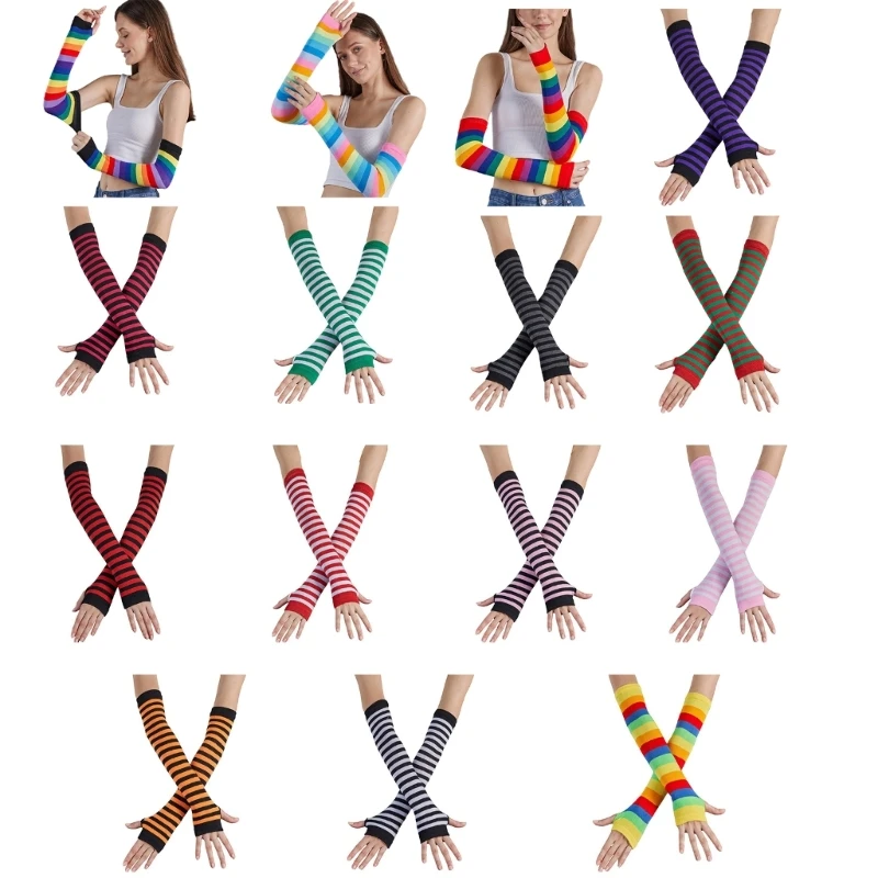 

New Rainbow Stripe Arm Sleeves for Adult Fingerless Long Gloves Cosplay Costume Accessories Warm Arm Warmers Christmas