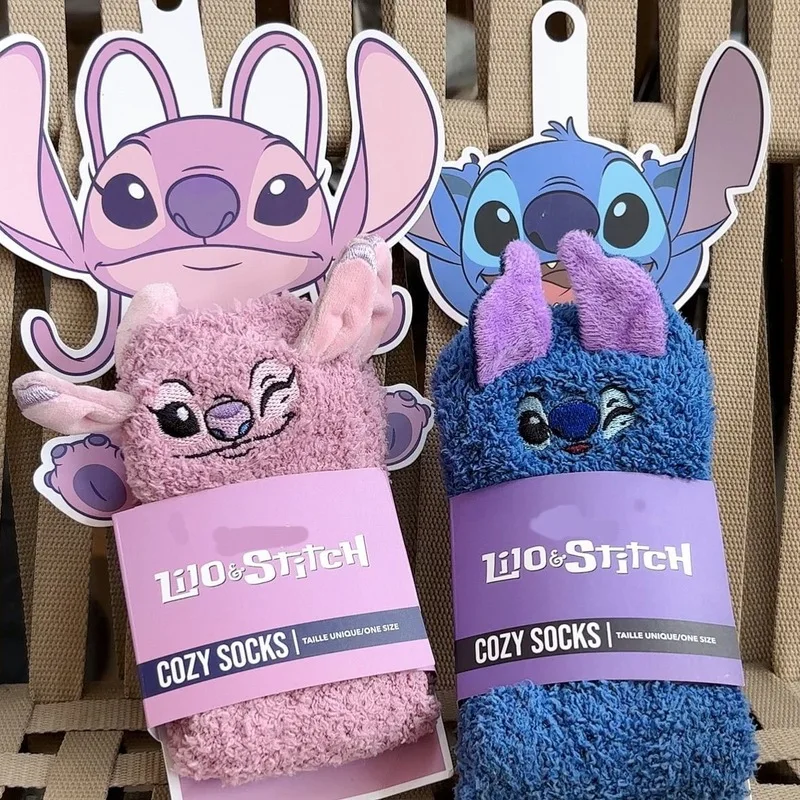 

Зимние толстые плюшевые носки Stitch Angel для девочек, милые мультяшные коралловые бархатные носки средней длины для сна, морозостойкие и теплые носки