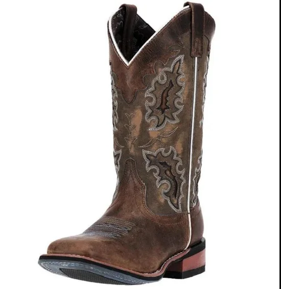 

Square Toe Embroidered Mid-Calf Knee-High Boots Combined Materials All-Match Men Botines Rubbed Retro Casual Botas Femininas