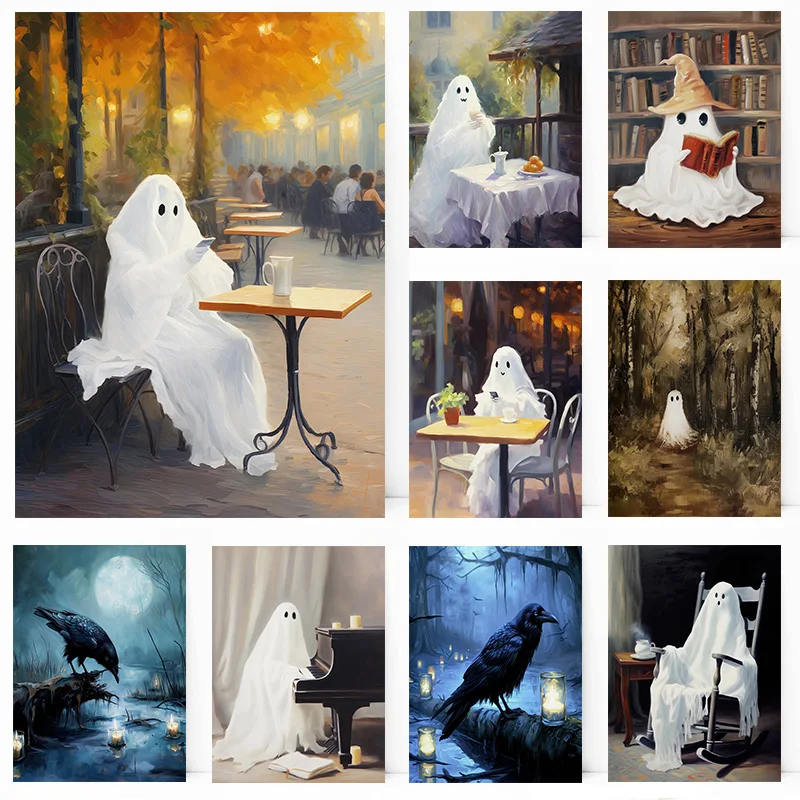 هالوين شبح الغراب الغراب القراءة لعب البيانو المشارك طباعة صور فنية للجدران قماش اللوحة غرفة نوم ديكور المنزل هدية #1