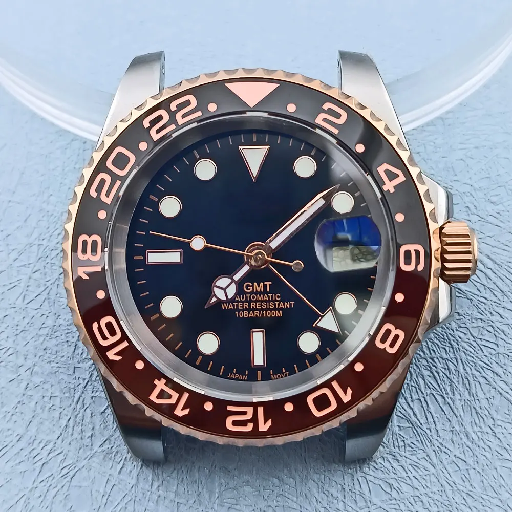 40mmシルバーローズゴールド腕時計ケース、gmt-nh34ムーブメント対応、316lステンレススチール、サファイアガラス、10気圧防水