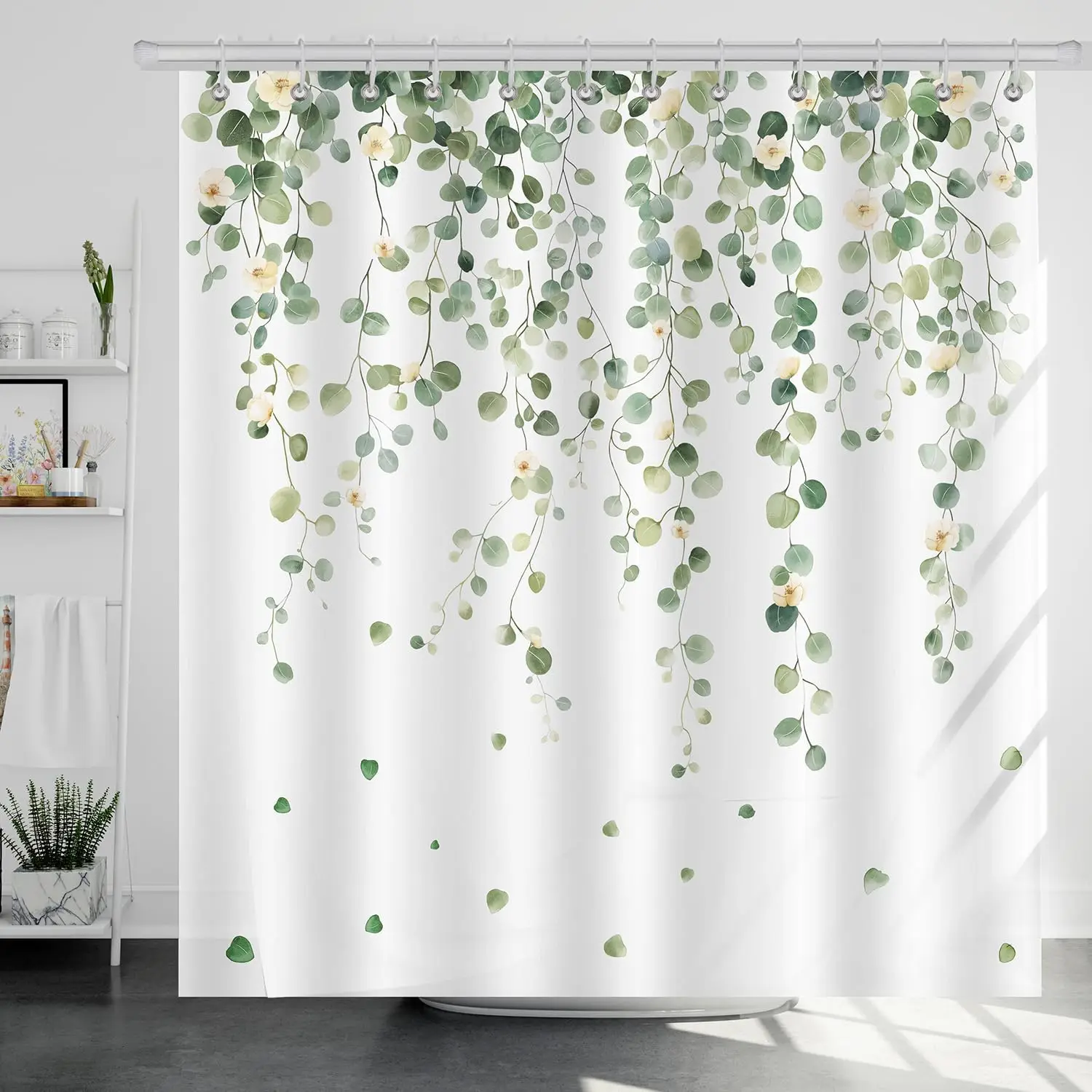 

Sage Green Eucalyptus Shower Curtain, Leaf Plant Botanical Flower Bathroom Curtain Fabric Waterproof with 12 Hooks 72x72 in