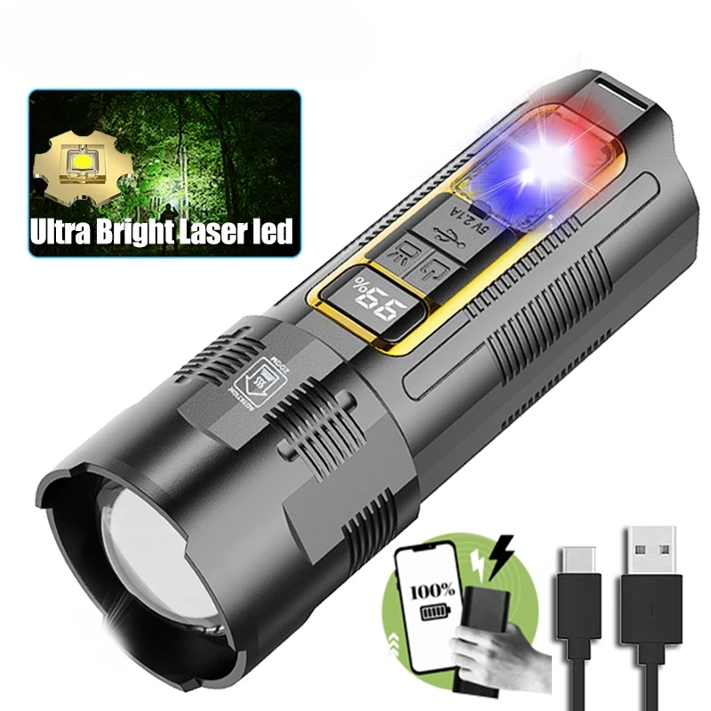 

Powerful Laser LED Flashlight Portable Telescopic Zoom Torch Built-in Rechargable Battery Outdoor Hiking Camping Fishing Lantern