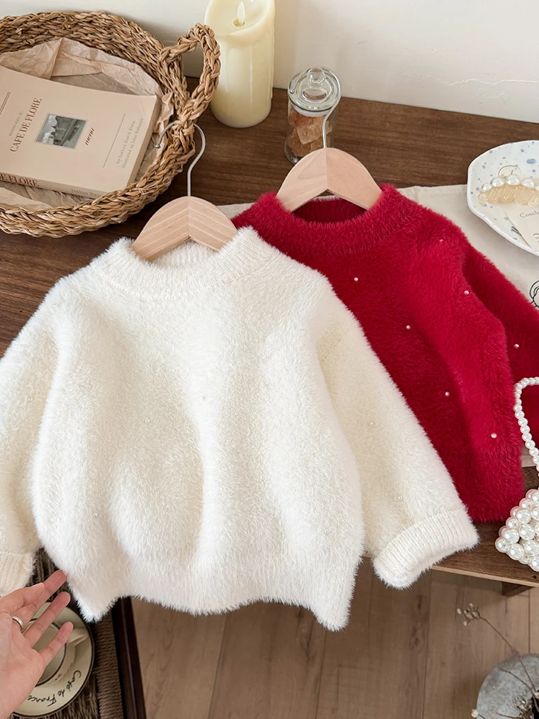 

Thiened Rabbit Fur Sweater for Little Girls Cisas New Year Knitted Top Girls Winter Faion Casual Sle Regular Fit