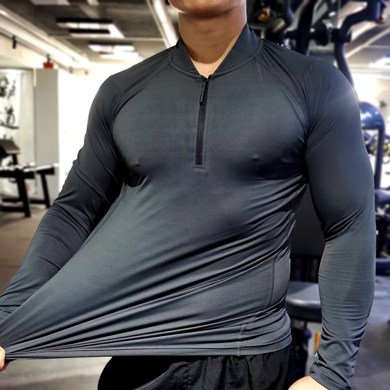 Quick Dry Running Shirt Men Bodybuilding Sport T-shirt Long Sleeve Compression Gym Fitness Tight Zipper Collar Autumn Winter