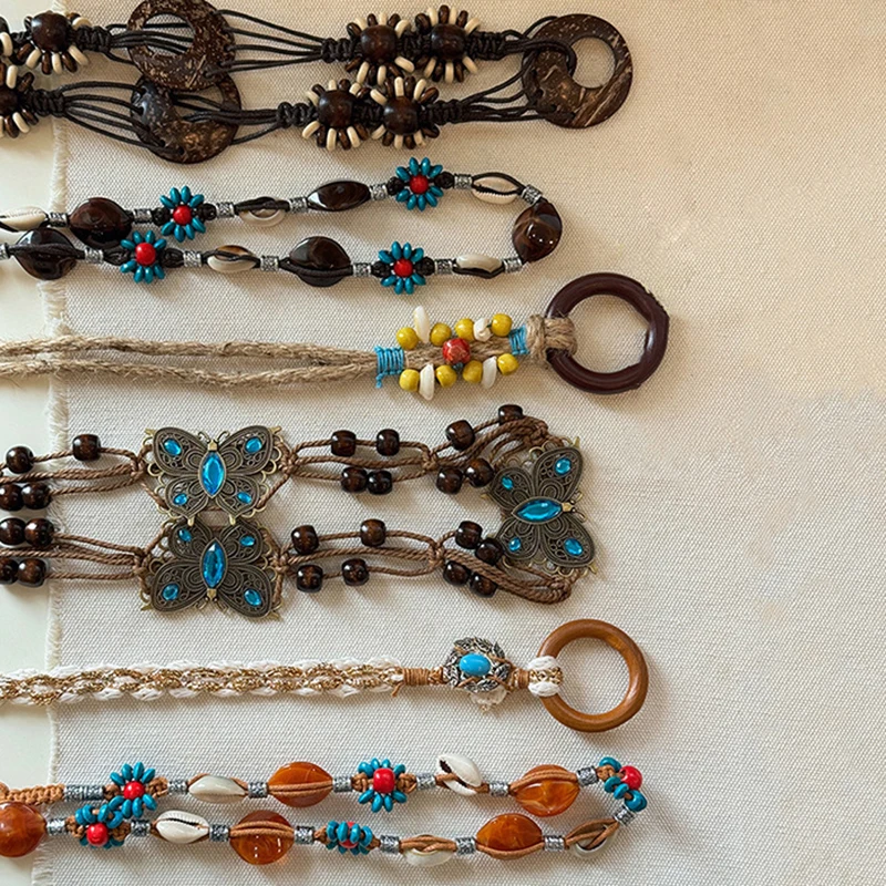 เรียบง่ายอเนกประสงค์ทอมือพู่ลูกปัดไม้เข็มขัดสไตล์ชาติพันธุ์เอวอุปกรณ์เสริมวันหยุดเอวcinchingเชือกเอว