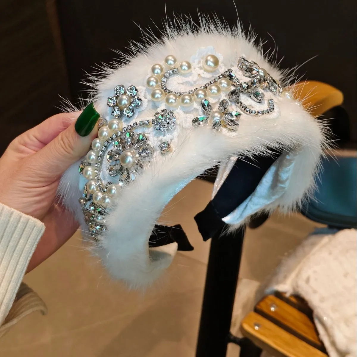Winter new mink hair headband widened and thickened luxury high-end headgear high cranial top annual meeting banquet headband