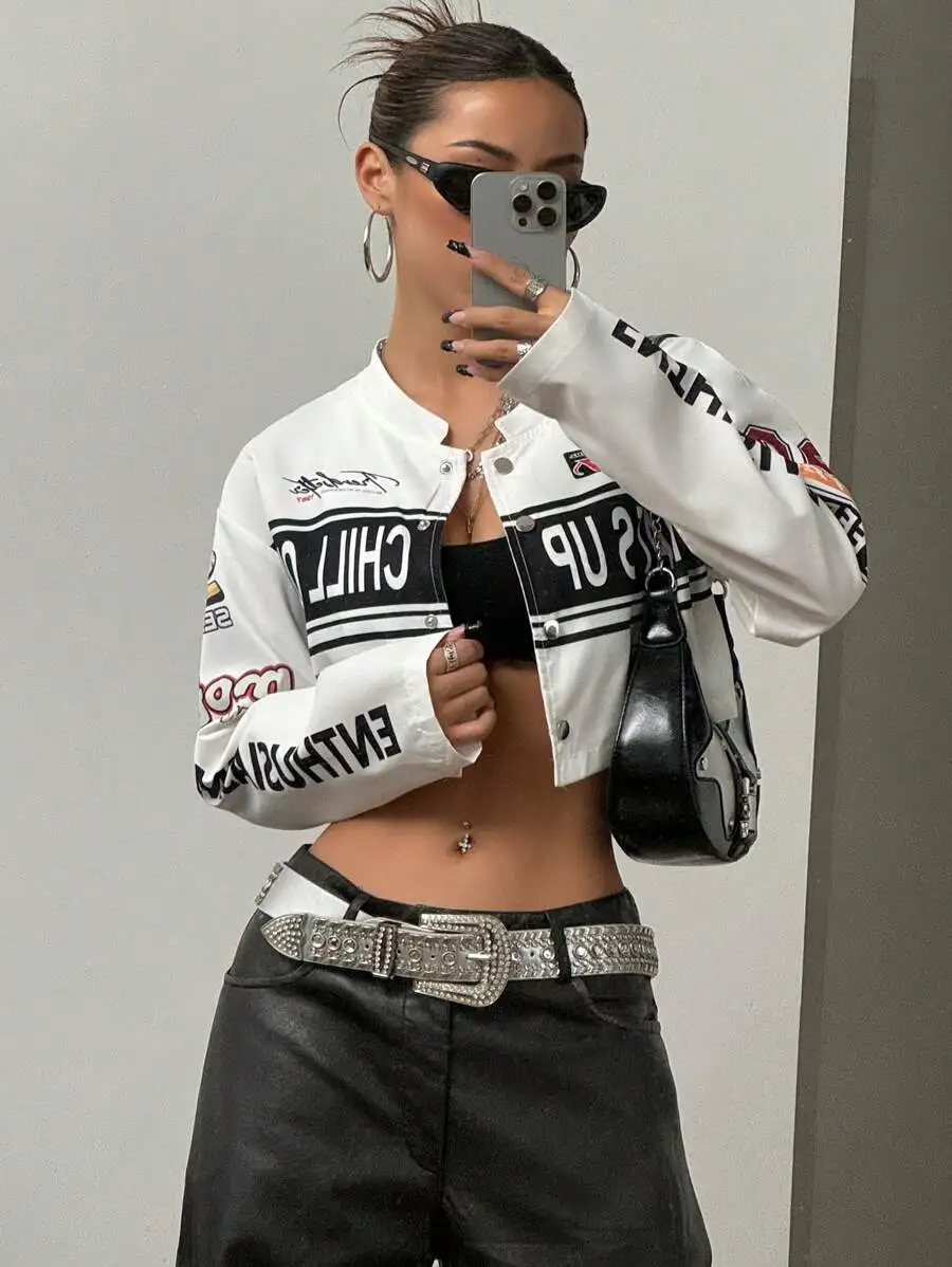 

Women's Cropped Streetwear Jacket with Bold Letter Print and Racing Stripe Design