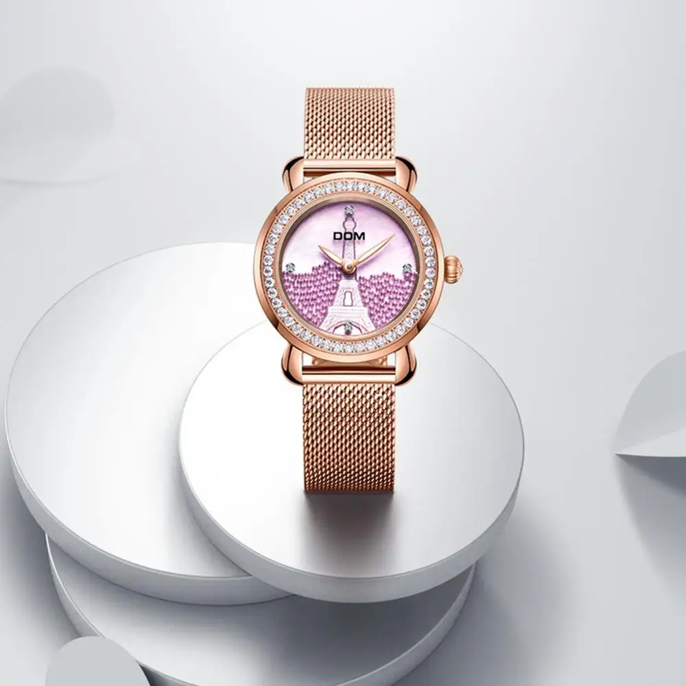 

DOM Luxury Brand Women Watch Rose Gold Steel Quartz Ladies Watches Rhinestone Sapphire Crystal Dress Relogio Faminino G-613G