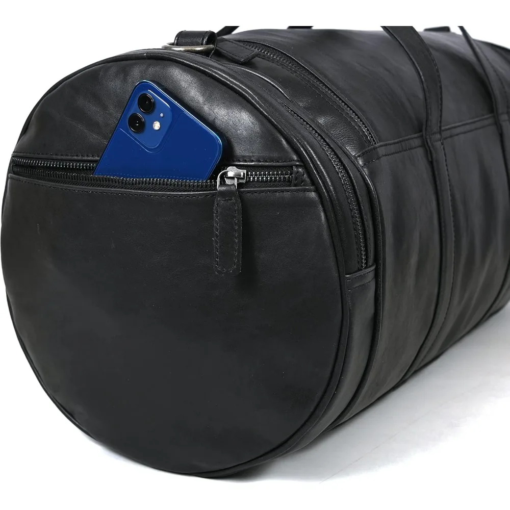 Grande bolsa de viagem de couro de grão integral de 22 polegadas com alças ajustáveis, vários compartimentos e bolsos com zíper para Weeken