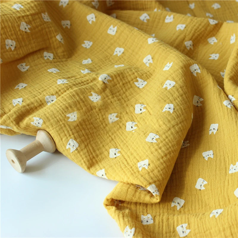 Cat Printed Cotton Crepe Fabric Soft Double Gauze Cotton Crepe Fabric for DIY Sewing Patchwork Baby Cloth Tracksuit Bed Sheet