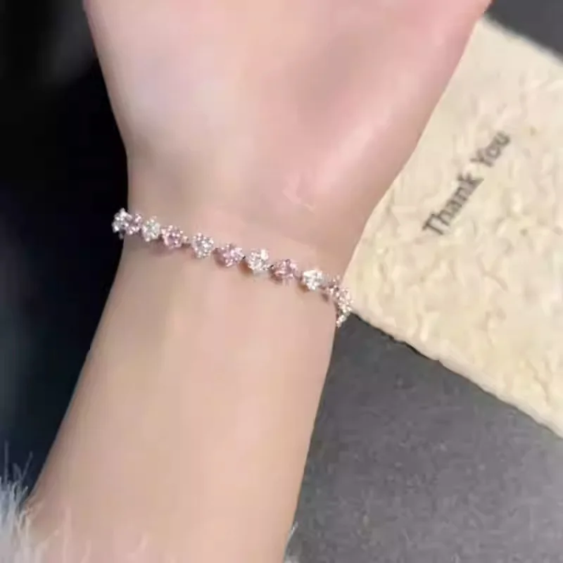 Exquisite Shining Pink Rhombus Full Zircon Bracelets for Women Sweet Trend Dinner Party Chains Bracelet Jewelry Gift K1