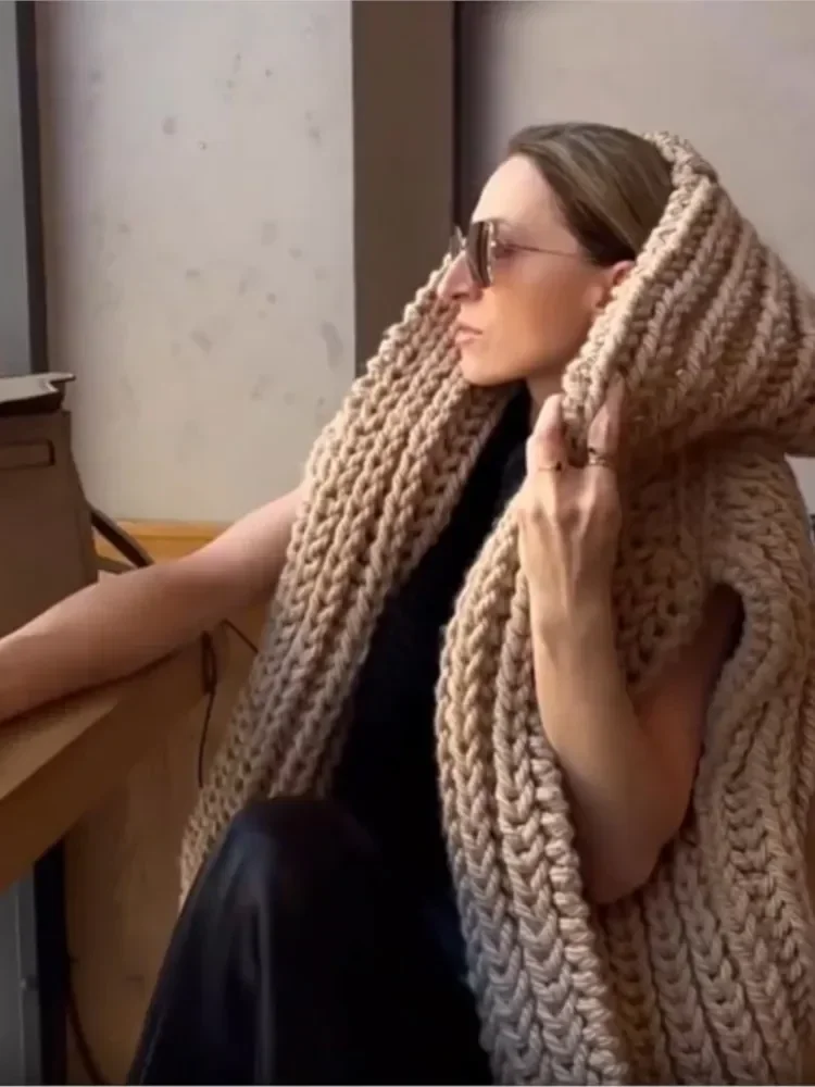 Autumn Office Ladies Commute Streetwear Women elegant Solid Hooded Loose Knit Cardigan Sweater Fashion Elegant Sleeveless Vest