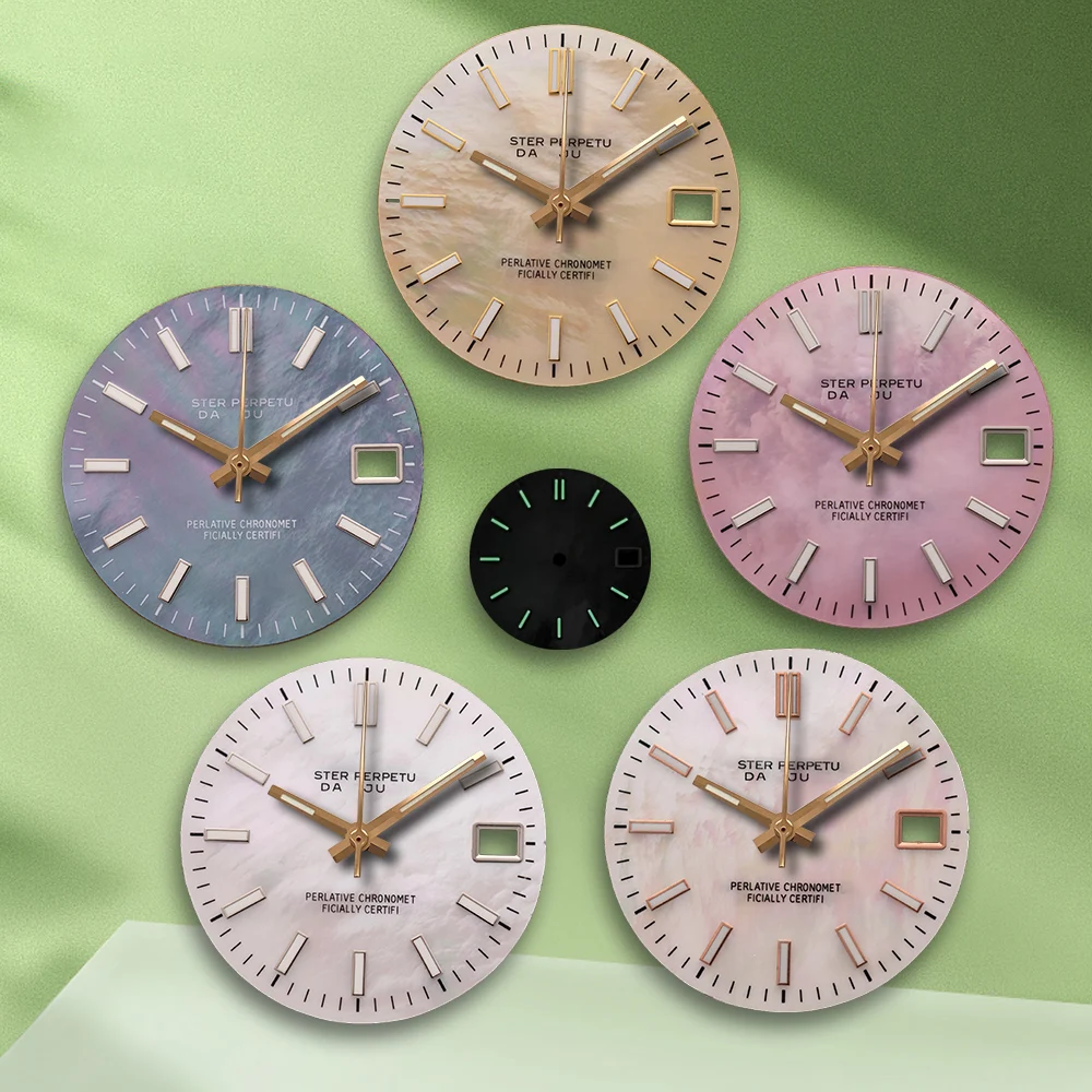 28.5mm S Logo journal NH35 Mother pearl Dial No Hands Fit NH36 Movement Green Luminous Watch Modification Accessories