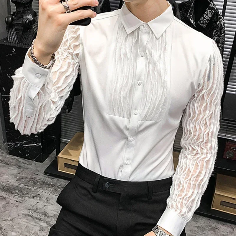 

Men Sexy White Dress Shirt Long Sleeve Slim Casual Transparent Autumn Korean Tuxedo Shirts Designer Party Singer Stage Costume