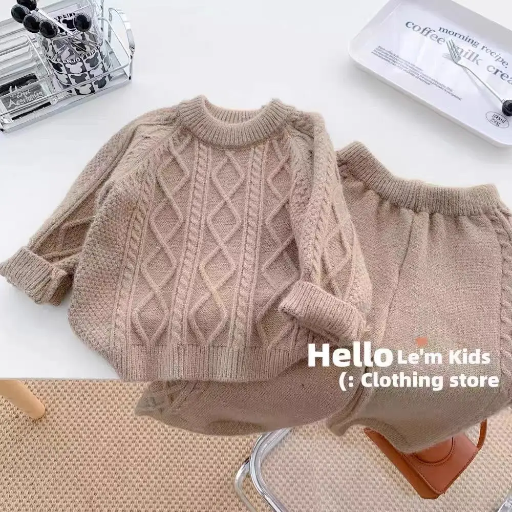 Girls Autumn Knitting Sweater Sets Pullover Girls Clothing Sets Winter Korean Sweater Pants Children Knitted Wool Trouser Suits