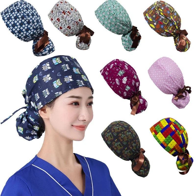 Doctor Operating Room Pattern Printed Skeleton Nursing Head Cap Lab Scrub Pet Hospital Surgical Hat Unisex Dentist Scrub 2023