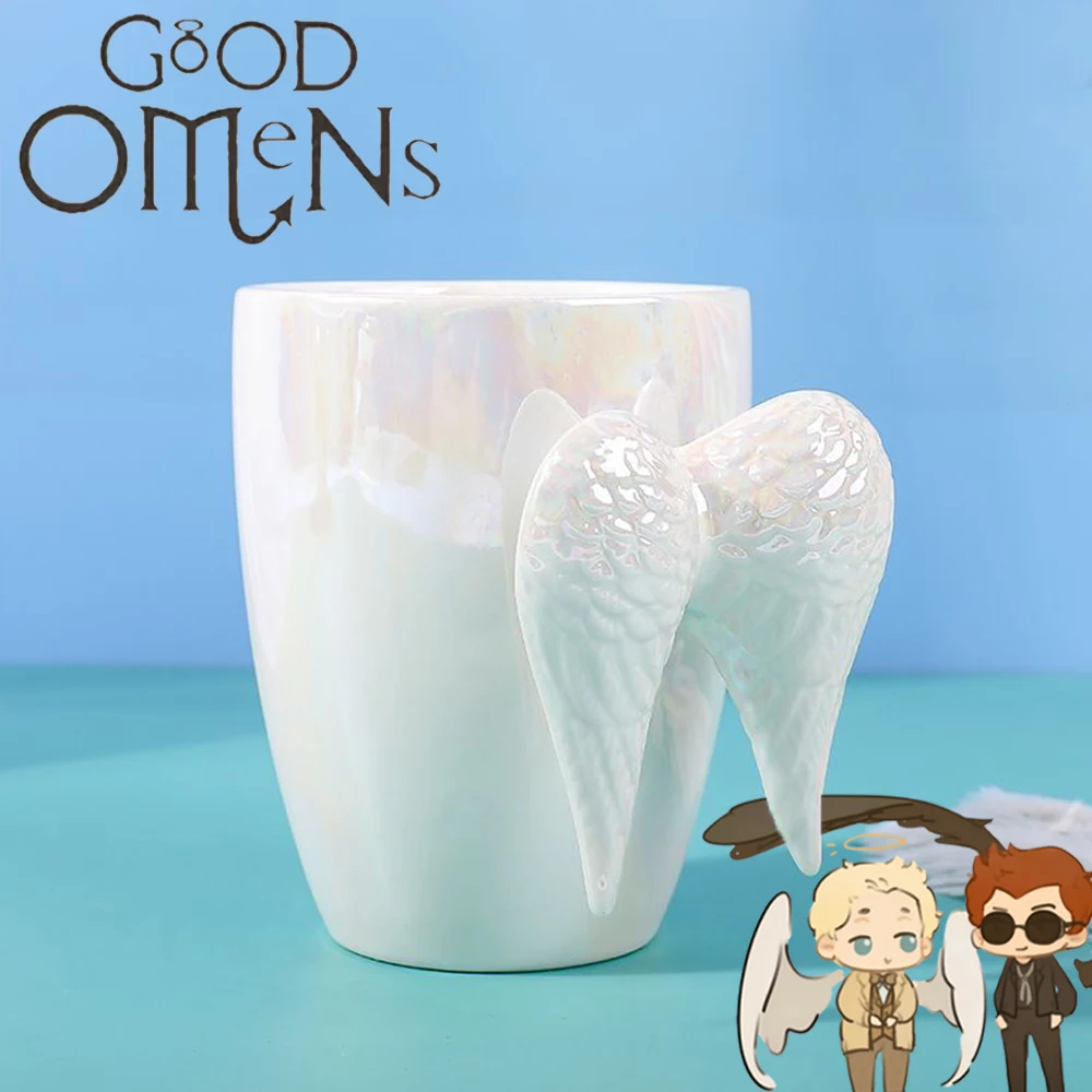 Tasse à café en céramique avec ailes d'ange blanches, accessoires de cosplay Aziraphale Crowley de la série télévisée Good Omens, accessoires unisexes