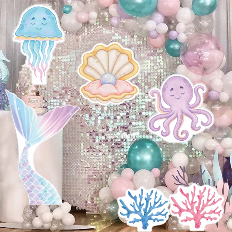 Mermaid Shell Tail Balloon Arch Backdrops Customized Octopus Cutouts KT Board for Mermaid Birthday Party Backdrops Background