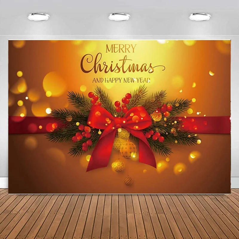 

Christmas Backdrop Happy New Year Photoshoot Gold Bokeh Gradient Photography Background Red Bow Xmas Party Banner Decoration