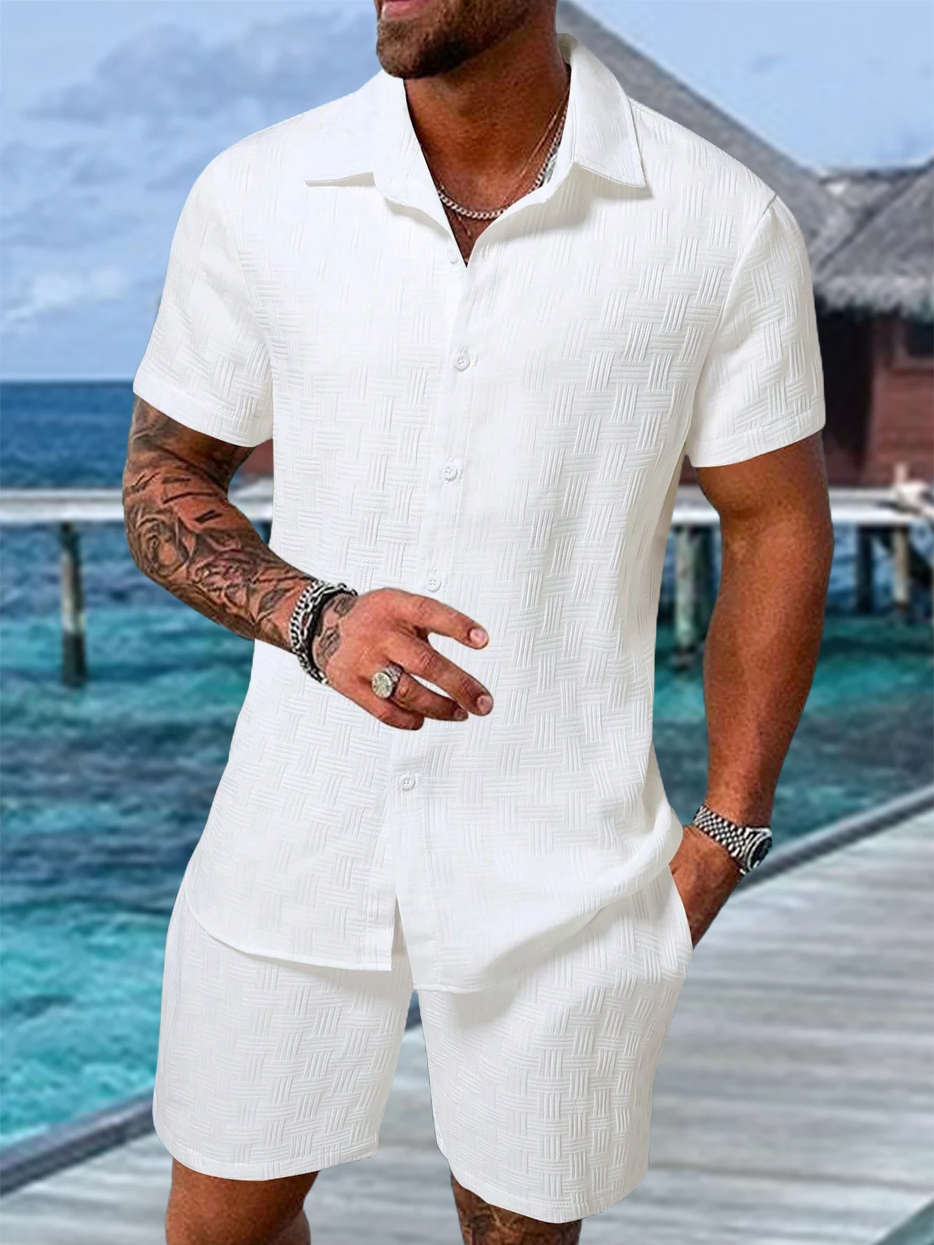 

Men's 2 Piece White Check Textured Set, Lapel Short Sleeve Shirt & Drawstring Shorts Summer Casual Outfit