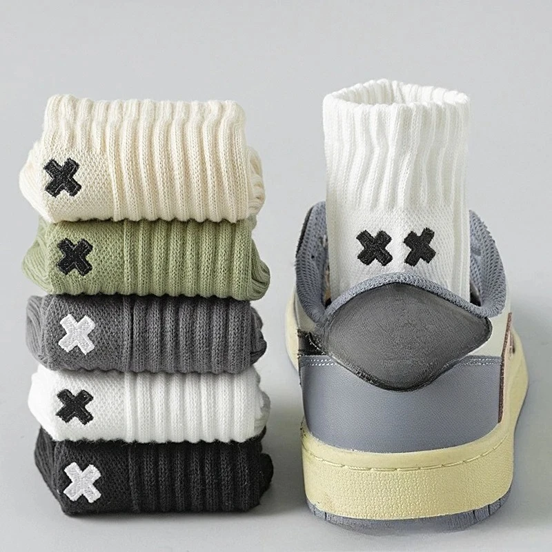 

1/5 Pairs Men's Spring Autumn Mid Tube Socks Pure Cotton Antibacterial Odor Proof Sports Plus Size Crew Socks